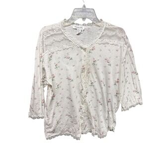 Christian‎ Dior Cardigan Womens Petite White Pink Floral Lace Sheer Button Front